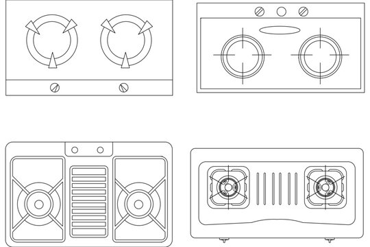 Technical architectural or industrial line art drawing showing multiple top-down plan views and alternative layouts of modern built-in kitchen gas stoves and cooktops featuring dual burners
