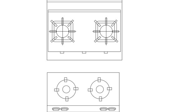 Technical CAD plan view of two kitchen cooktops: the top shows a two-burner gas hob with square grates and knobs, while the bottom depicts a two-burner electric or induction cooktop 