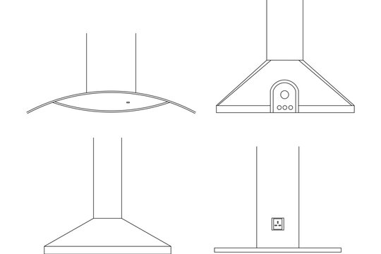 Technical architectural or industrial line art drawing showing multiple orthographic views and configurations of modern kitchen exhaust cooker hoods with chimney flues, control panels, and an electric