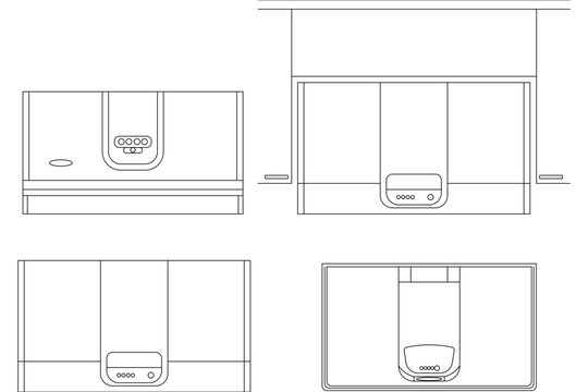 Technical architectural or industrial line art drawing showing multiple views and configurations of modern control consoles, kitchen range hoods