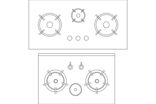 Technical CAD plan view of two gas cooktop configurations showing burner layouts with varying sizes and control knob positions for kitchen appliance design.