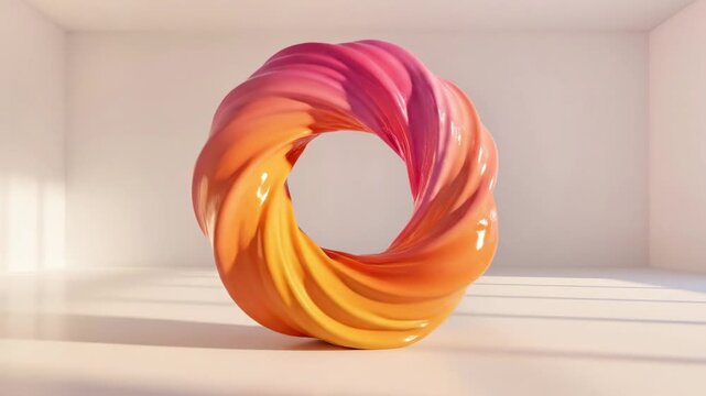 Colorful twisted 3D torus sculpture in minimalist white room.