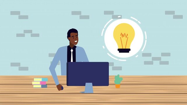 Business professional with money and creative ideas in office setting with computer.
