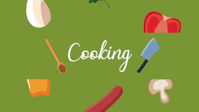 Cooking culinary background with various fresh ingredients and kitchen utensils dynamic motion graphic animation.