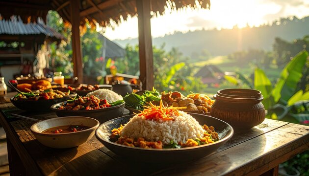 Village-style meal served in Batu City, East Java, Indonesia, showcasing local flavors and traditional dishes.