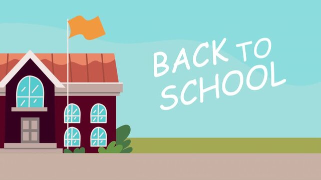 Back to school animation featuring school building with flag waving and motion text graphics in flat style.