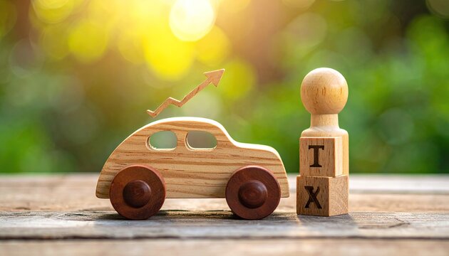 Wooden car toy. Image of lower taxes. Tax cuts and reduced household burden. Translation: Tax.