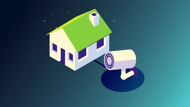 Animated isometric house with security camera surveillance system footage.