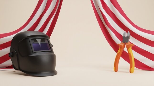 Welding mask and wire pliers stand between festive striped drapes over a bright studio background.