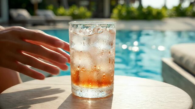 Person holding a refreshing iced cocktail drink by a sunny swimming pool resort