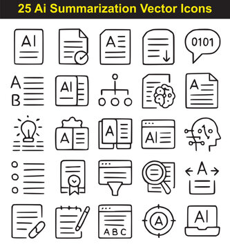Ai Summarization Icon Set - 25 Black & White Outline Icons