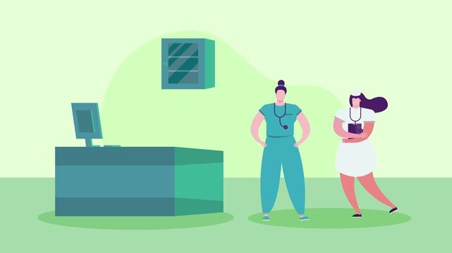 Two women healthcare professionals standing in hospital room, nurse holding tablet while doctor with stethoscope looks on, medical staff dynamic motion footage.