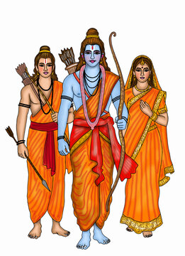 hand drawn digital art of lord rama ,sita and laxman