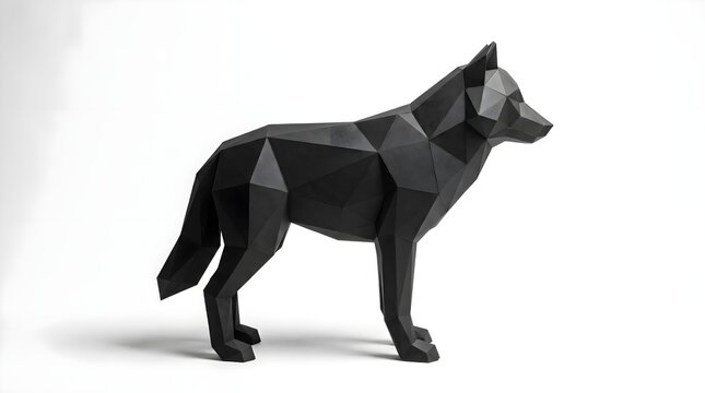Stylized 3D geometric wolf sculpture with sharp faceted polygons and matte black finish. Minimalist wild animal design, isolated on clean white. 