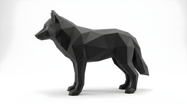 Stylized 3D geometric wolf sculpture with sharp faceted polygons and matte black finish. Minimalist wild animal design, isolated on clean white. 