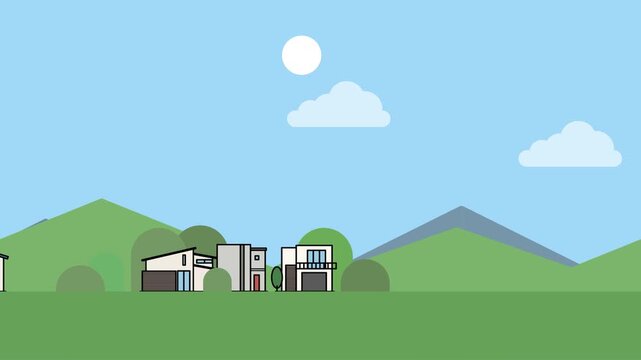Mountain Residential Neighborhood with Pop-Up Houses, Day and Night Cycle Loop Animation, Housing and Real Estate Background