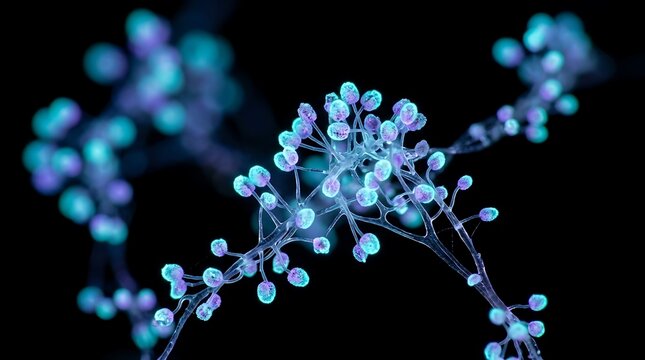 Abstract luminous microscopic organisms with bioluminescent glow on a dark background, science and biology