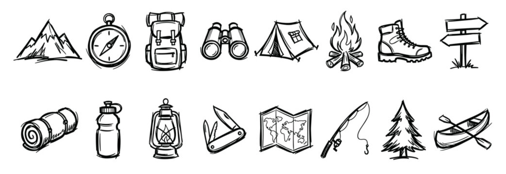 Set of hand drawn camping and hiking vector icons and elements.