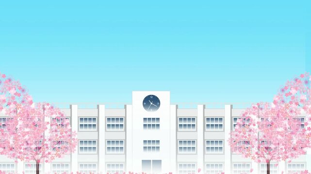 School Building Under Cherry Blossoms 4K