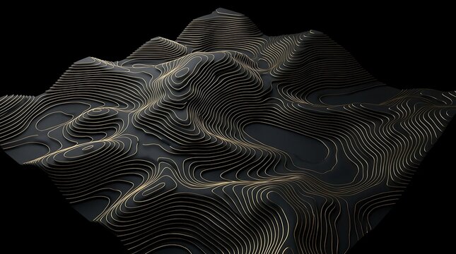 Abstract topographic landscape art with flowing golden lines on a dark surface, symbolizing contours and elevation changes