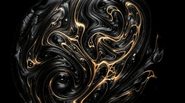 Abstract swirling metallic fluid paint, gold veins through black viscous liquid, captivating modern art background texture
