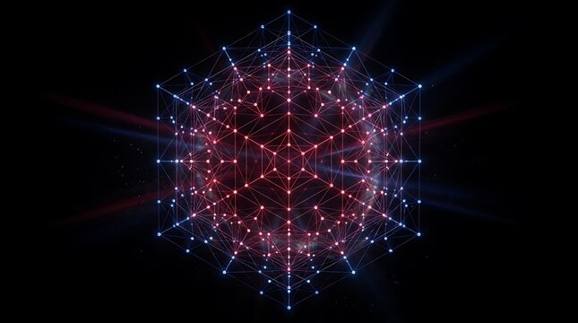 Abstract geometric digital network of glowing red and blue lights connected in a complex spherical structure on a black background