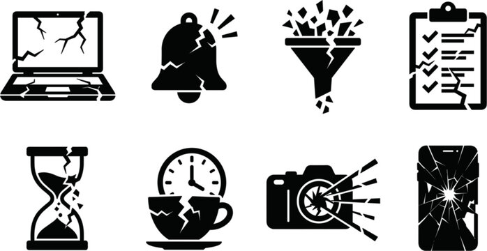 Set of broken items glyph icons, vector design elements