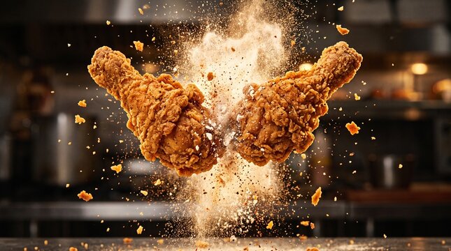 Golden crunchy fried chicken drumsticks clashing with spice powder explosion background