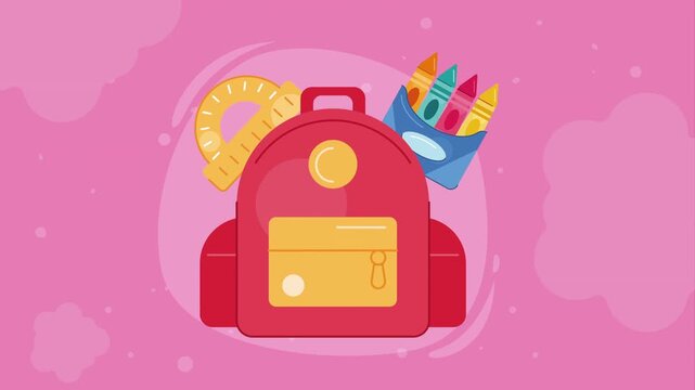 Red backpack with school supplies like crayons and ruler on pink background motion.