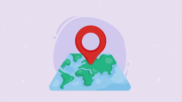 World map motion graphics with a red location pin indicates global positioning and travel direction.