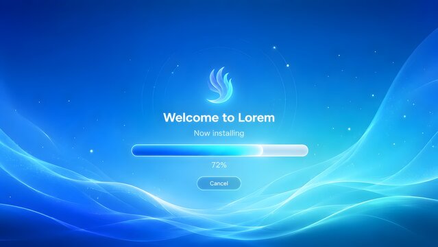 Software installation interface with glowing progress bar on abstract blue wave background representing system update and digital technology