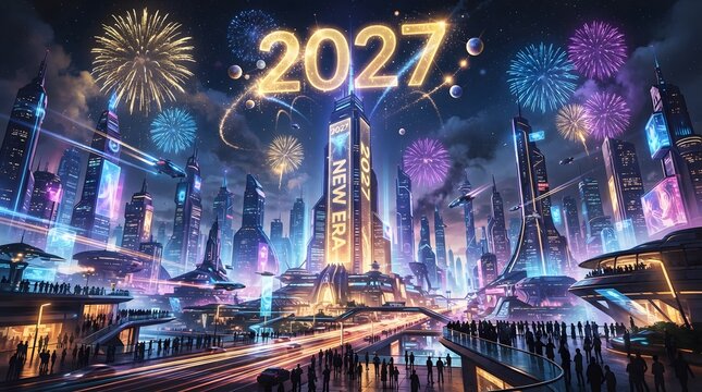 Futuristic cityscape celebrating the new year 2027 with vibrant fireworks and light trails