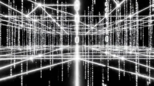 Falling white binary code on black background digital matrix
