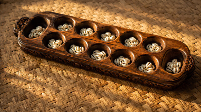 Classic wooden congklak board game with white cowrie shells on a mat