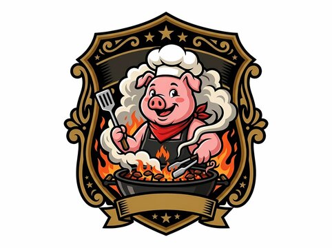 Cartoon Pig Chef Barbecue Grill Logo Emblem.