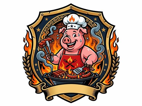 Cartoon Pig Chef Grilling Barbecue Badge Illustration.