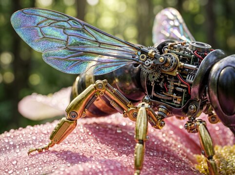 Close up of an intricate mechanical bee revealing internal electronic circuit boards and gears resting on a pink flower, advanced micro robotics and futuristic biomechanical engineering