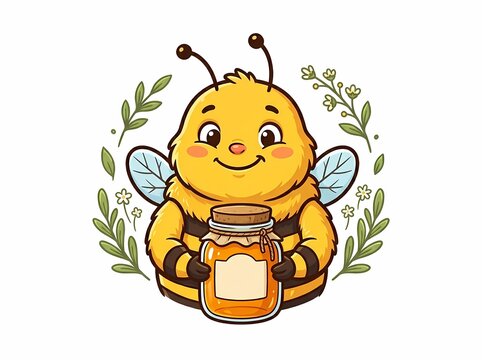 Cute cartoon bee character holding a honey jar with floral frame.