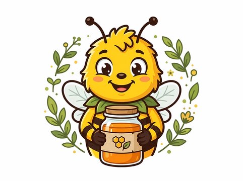 Cute cartoon bee character holding a jar of honey.