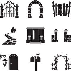 Obraz premium Halloween spooky entrance and architecture icons set with cemetery gates stone arches doors fence and mailbox