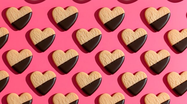 Heart shaped chocolate coated cookies seamless pattern on a pink background, stylish and cute