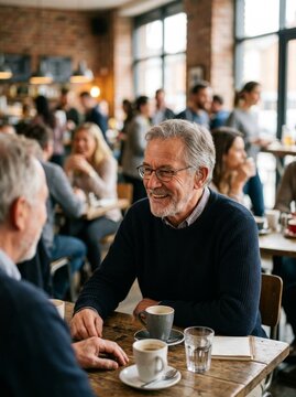 Older Man Wearing Hearing Aid Talking in a Busy Cafe