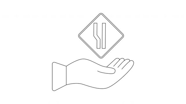 Hand holding road narrowing sign icon sketch.