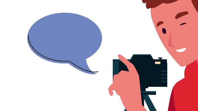 Young photographer using camera with speech bubble animation in flat style.
