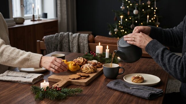 Cozy Scandinavian winter holiday fika with person in knitted sweater reaching for traditional saffron bun and pouring tea leaving copy space