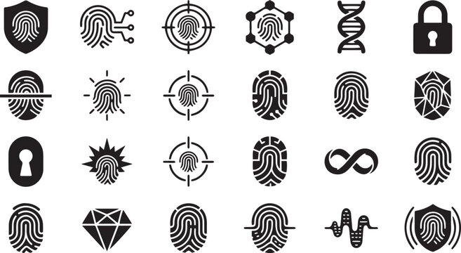 Biometric identification and cybersecurity icons set with fingerprint, DNA, and lock vector illustration