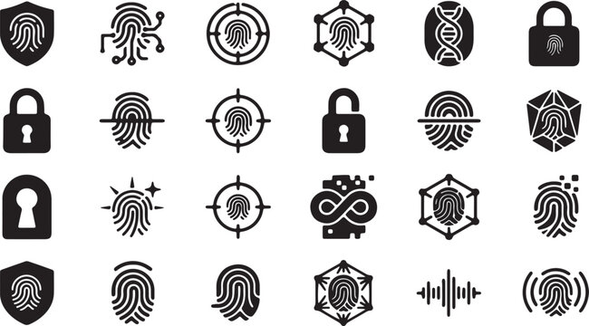 Biometric security and fingerprint icons set with locks, shields, and scanner symbols vector illustration