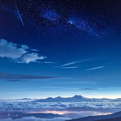 Fototapeta premium Starry night sky with milky way and shooting star over mountain clouds