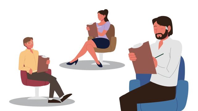 Business professional recruiters team taking notes and interviewing candidates in animated office scene.