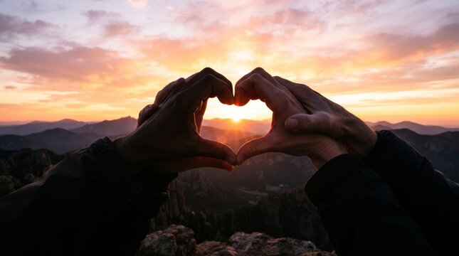 National love people day hands making heart shape framing mountain sunrise view with kindness compassion friendship community